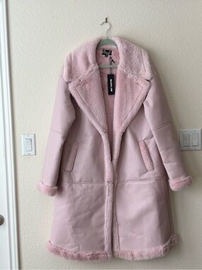 Dolls Kill Blush Pink Faux Shearling Long Trench Coat
